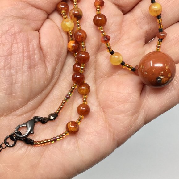 Handmade Fall Inspired Amber Toned and Carnelian Bead Choker Necklace - Picture 9 of 10
